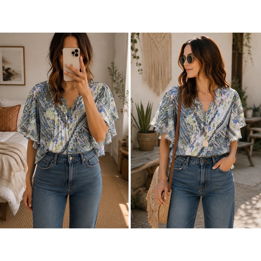 Anthropologie Maeve Maya Blouse Sz 10 Floral Flutter Sleeve Pleated Cottage Boho